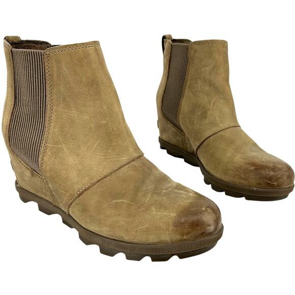 Women's Tan Leather SOREL Joan Of Arctic Wedge II Chelsea Bootie 10M NL3022-240 - Picture 1 of 8
